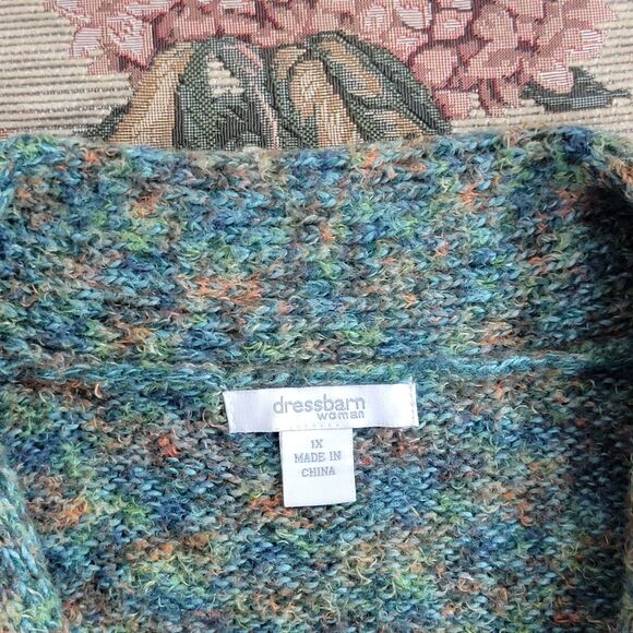 Dressbarn Sweater Womens 1X Green Multi-Color Long Sleeve Fuzzy Shawl Neck - Picture 9 of 11